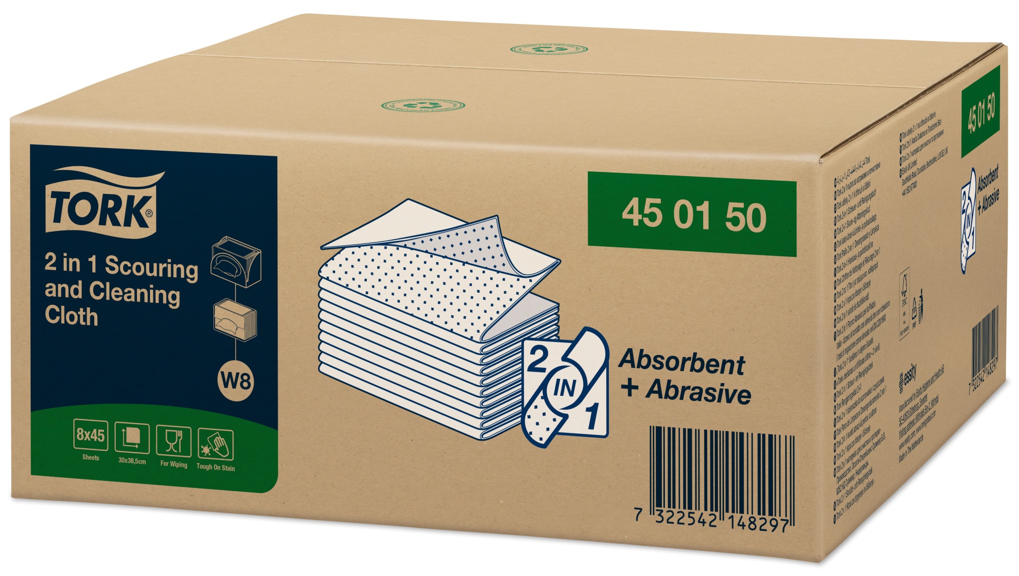 Tork 2 in 1 súroló- és tisztítókendő, 1 rétegű (45db/csg, 8csg/#) (W8) - Image 4