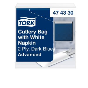 Tork szalvéta evőeszköztartó sötétkék -fehér színű szalvétával- (5x100 db/krt)